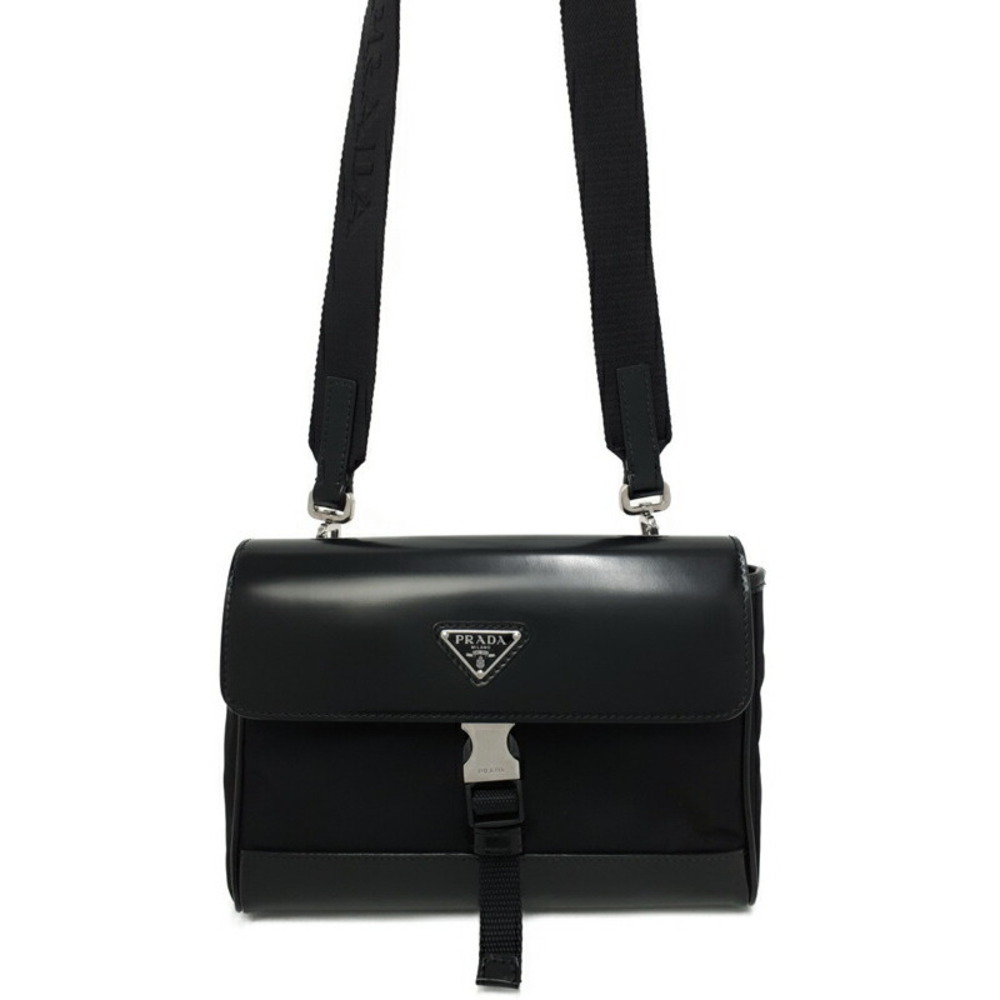 Prada leather shoulder bag foldover flap Black